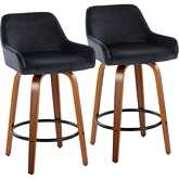 Daniella 26" Swivel Counter Stool in Walnut Wood & Black Velvet with Black Footrest (Set of 2)